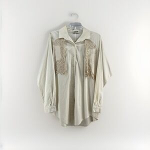 Vintage Cottage Core Womens L‎ Button Up Battenberg Lace Prairie The Palm Tree